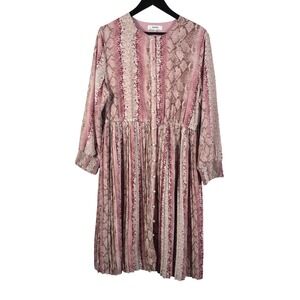 Porter XL Midi Dress Pink Snake Print Long Sleeve Pleated Skirt Boho Cottagecore